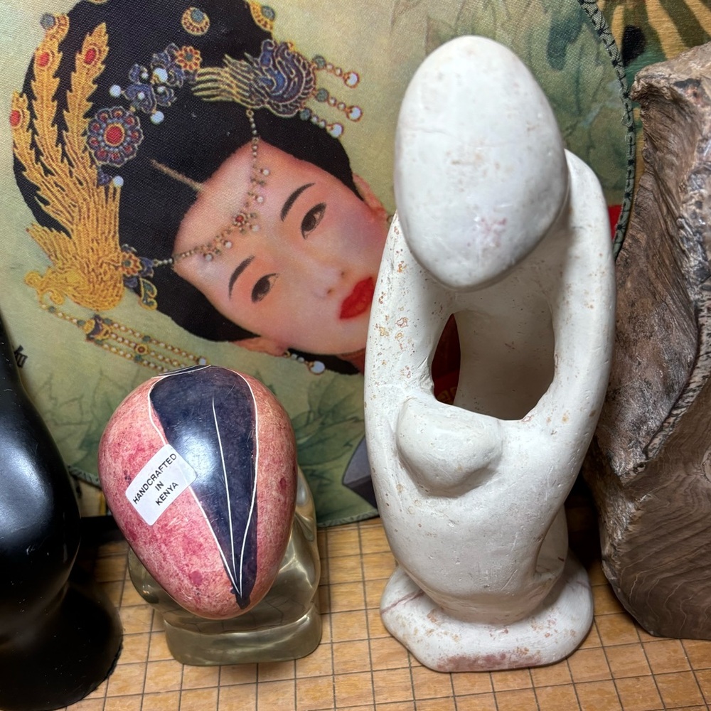 Cut Out White Soapstone Hand Carved Parent Child 8.25”H w Figure Egg 3”H Kenya